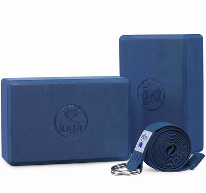 IUGA Yoga Blocks 2 Pack With Strap Non Slip High Density 9"x6"x3" Solid & Cork Yoga Block With Yoga Strap to Improve Strength Balance for Yoga Pilates Meditation