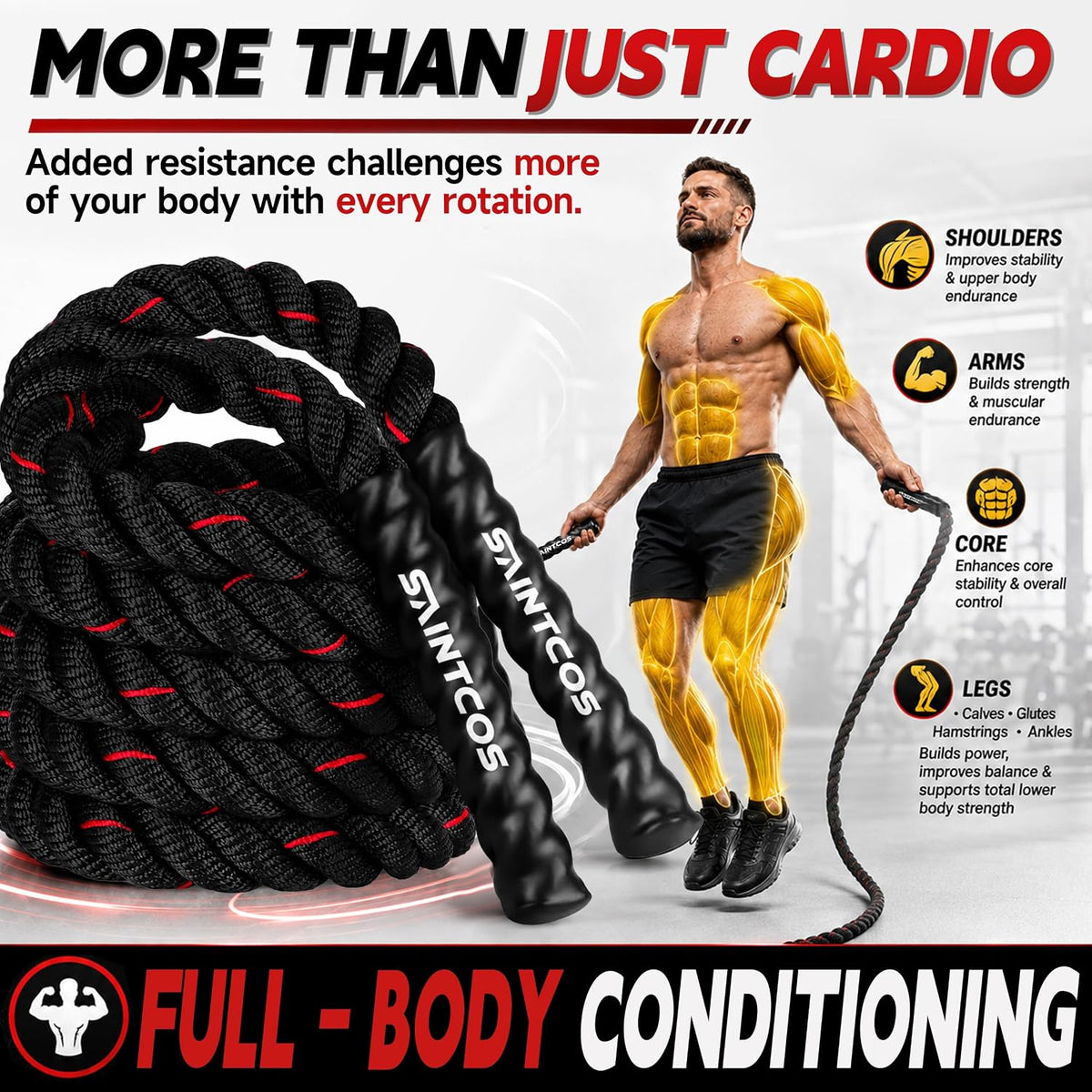 Weighted Jump Rope, 2.8lb Heavy Jump Rope for Men and Women, 10ft Thick Rope for Fitness, At Home Workout Equipment, Exercise Equipment for Boxing, Strength & Calisthenics