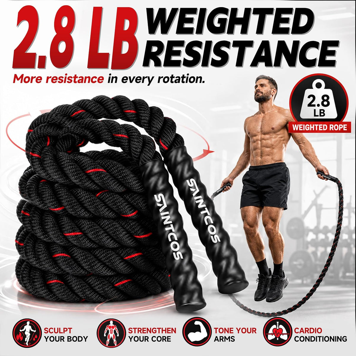Weighted Jump Rope, 2.8lb Heavy Jump Rope for Men and Women, 10ft Thick Rope for Fitness, At Home Workout Equipment, Exercise Equipment for Boxing, Strength & Calisthenics