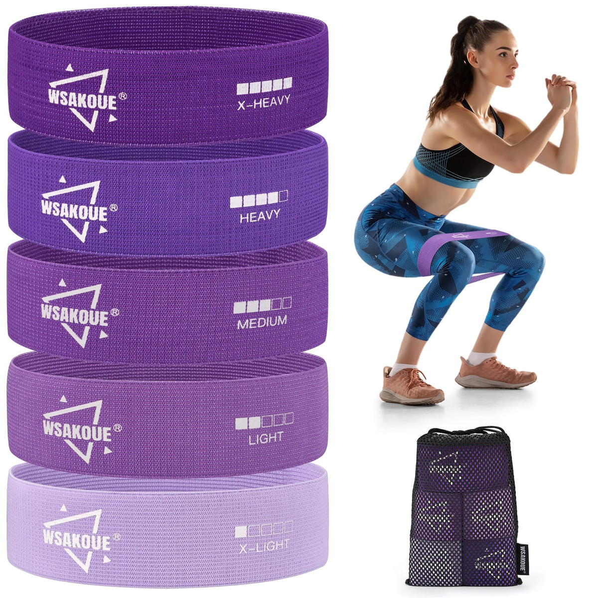 WSAKOUE Fabric Resistance Bands for Working Out – 5 Booty Bands for Women & Men, Exercise Workout Bands for Legs, HIPS & Glutes – Ideal for Home Fitness, Yoga, Pilates & Rehab