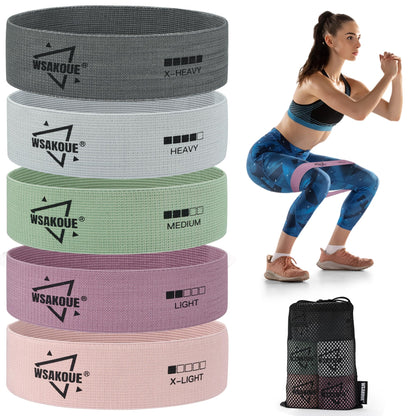 WSAKOUE Fabric Resistance Bands for Working Out – 5 Booty Bands for Women & Men, Exercise Workout Bands for Legs, HIPS & Glutes – Ideal for Home Fitness, Yoga, Pilates & Rehab
