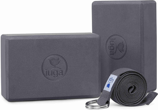 IUGA Yoga Blocks 2 Pack With Strap Non Slip High Density 9"x6"x3" Solid & Cork Yoga Block With Yoga Strap to Improve Strength Balance for Yoga Pilates Meditation
