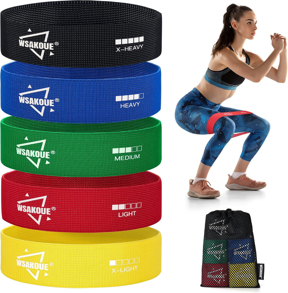 WSAKOUE Fabric Resistance Bands for Working Out – 5 Booty Bands for Women & Men, Exercise Workout Bands for Legs, HIPS & Glutes – Ideal for Home Fitness, Yoga, Pilates & Rehab