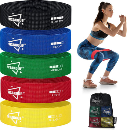 WSAKOUE Fabric Resistance Bands for Working Out – 5 Booty Bands for Women & Men, Exercise Workout Bands for Legs, HIPS & Glutes – Ideal for Home Fitness, Yoga, Pilates & Rehab