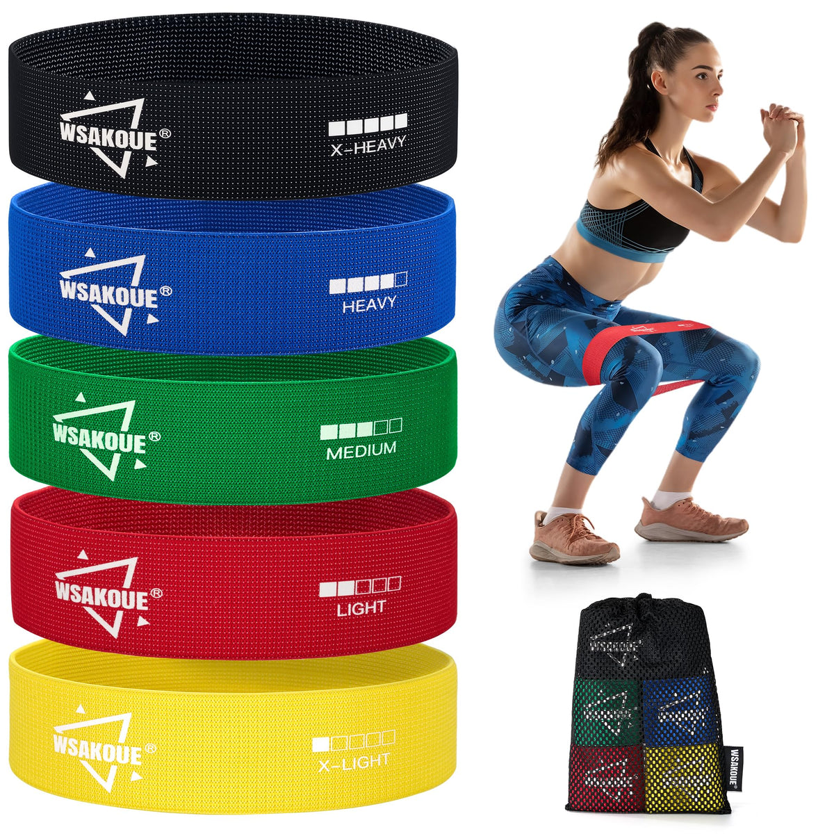 WSAKOUE Fabric Resistance Bands for Working Out – 5 Booty Bands for Women & Men, Exercise Workout Bands for Legs, HIPS & Glutes – Ideal for Home Fitness, Yoga, Pilates & Rehab